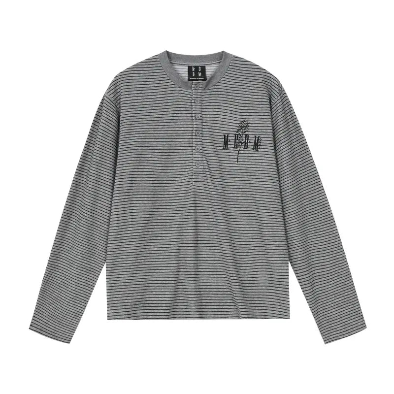 MEDM Rose Embroidered Striped Henley Long Sleeve Tee