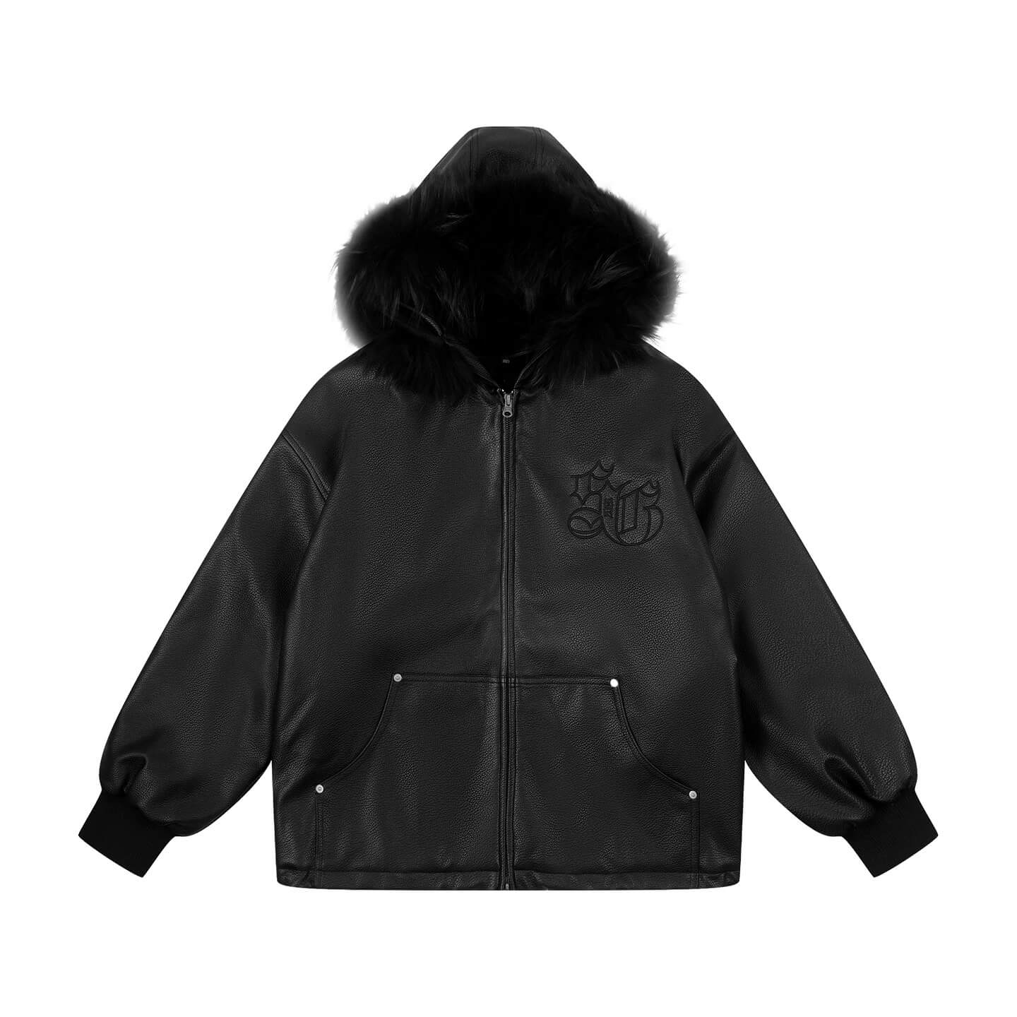 1807 Fur Collar PU Leather Hooded Jacket