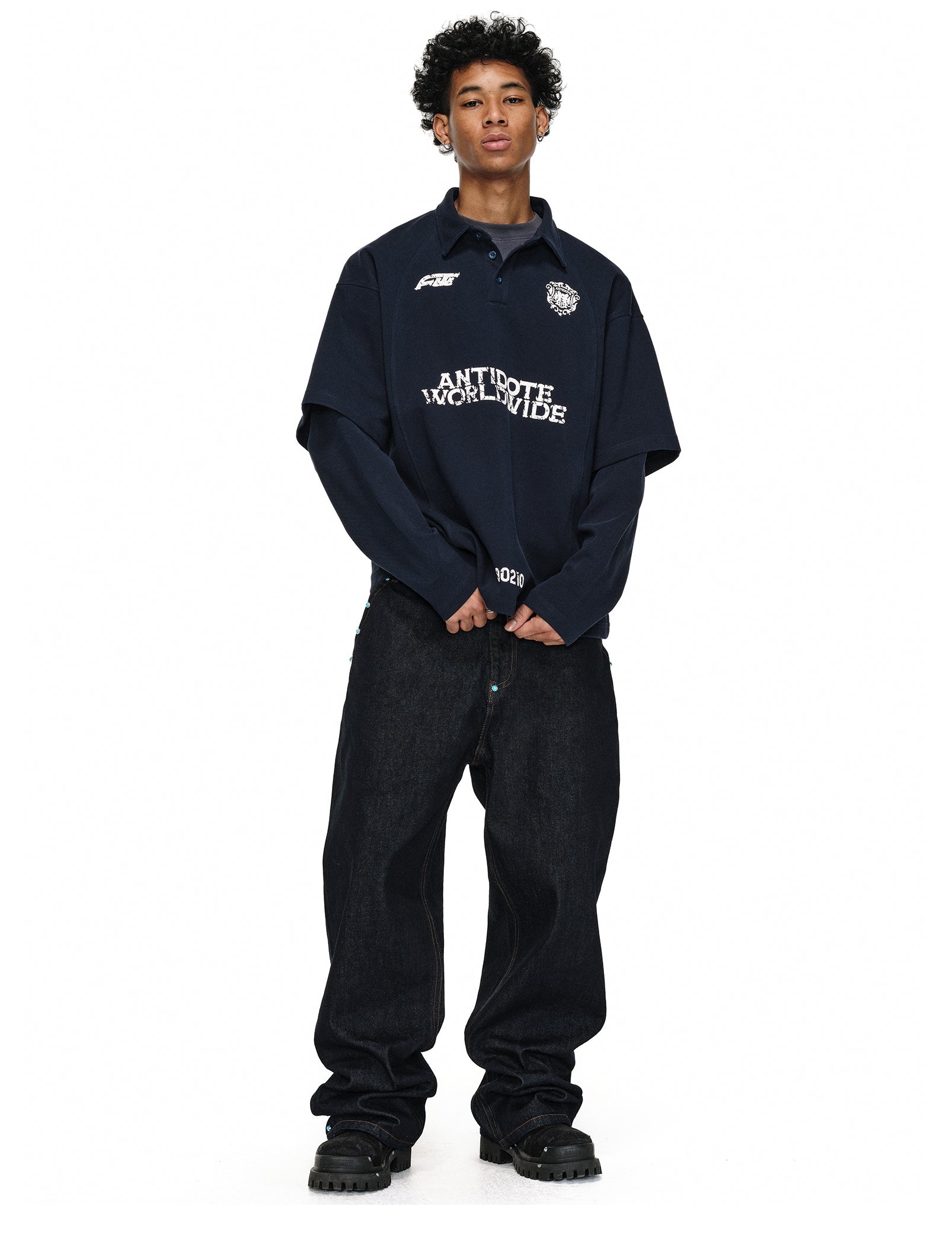 ANTIDOTE Logo & Badge Printed Layered Long Sleeve Polo