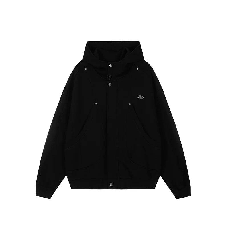 Achock Snap Button Wind Flap Zip Up Hooded Jacket
