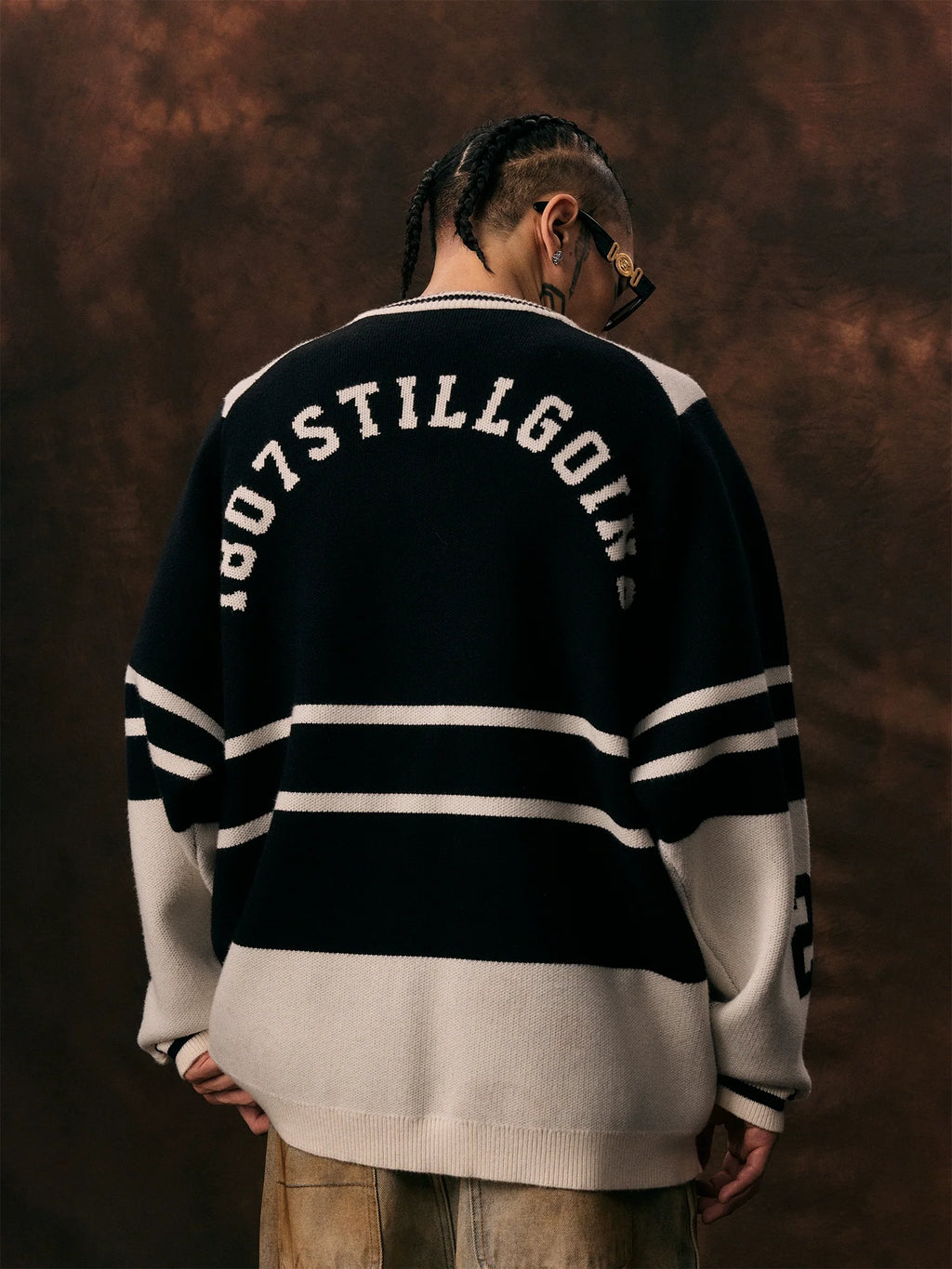 1807 Black & White Striped Hockey Jersey Knit Sweater