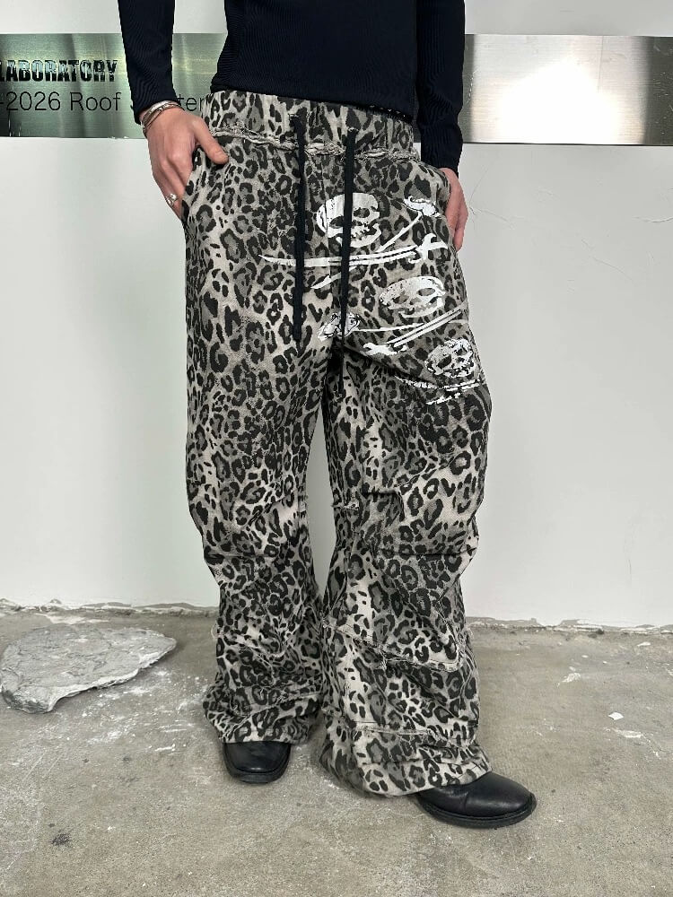 Night Lab Skull Pirate Leopard Printed Distressed Pants