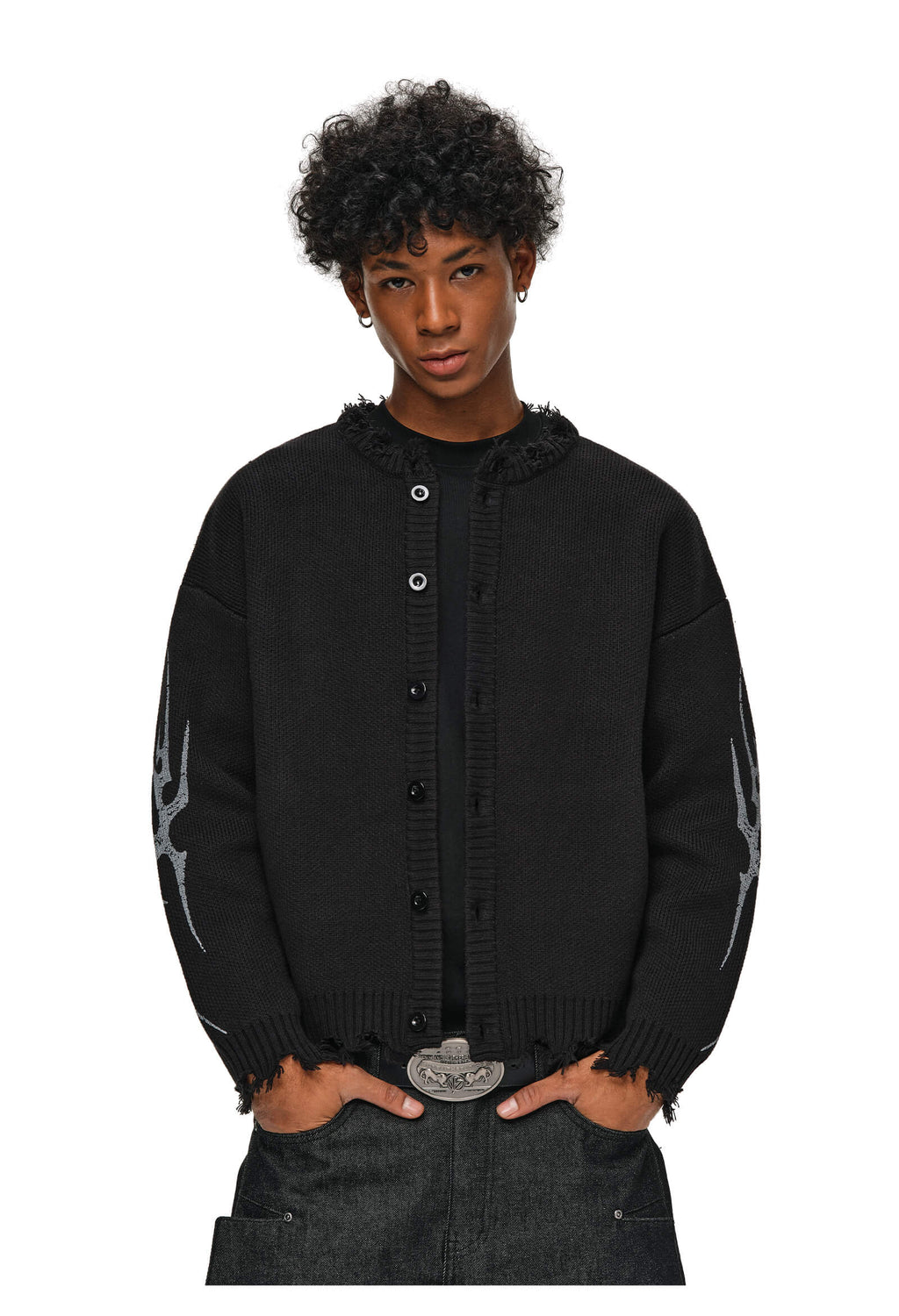 ANTIDOTE Distressed Frayed Tribal Print Knit Cardigan