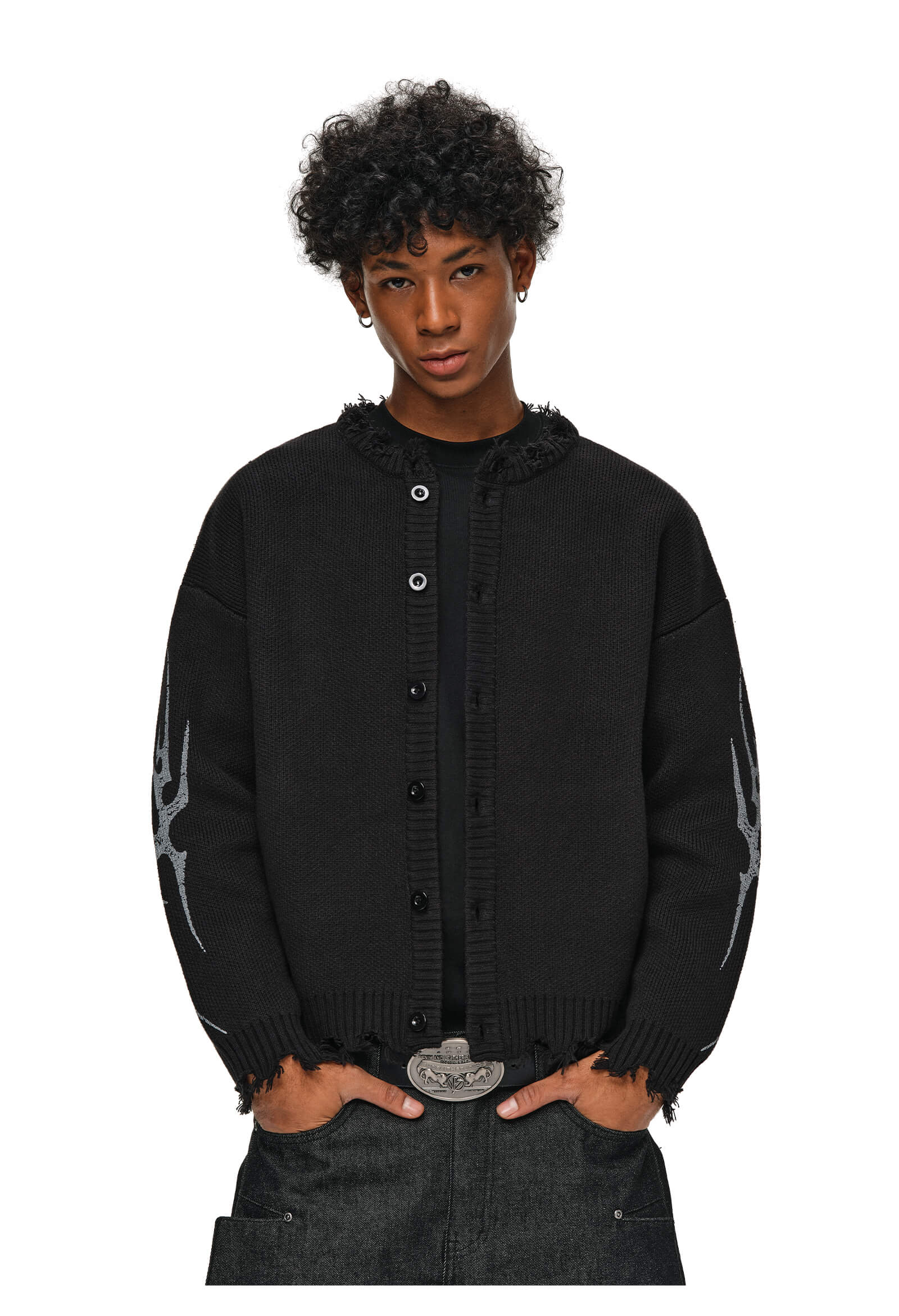ANTIDOTE Distressed Frayed Tribal Print Knit Cardigan