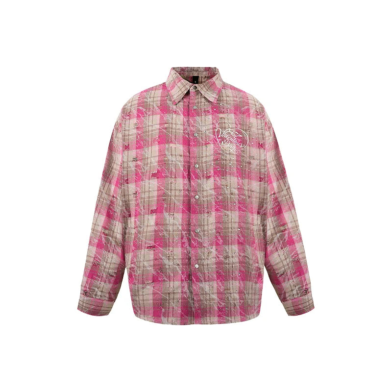 1807 Heart & Rhinestone Plaid Long Sleeve Shirt
