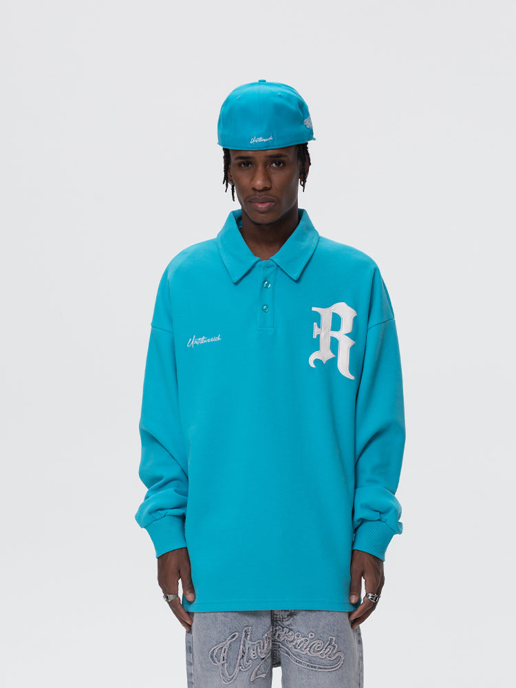 UNTILWERICH Patchwork Leather Embroidery Long Sleeve Polo
