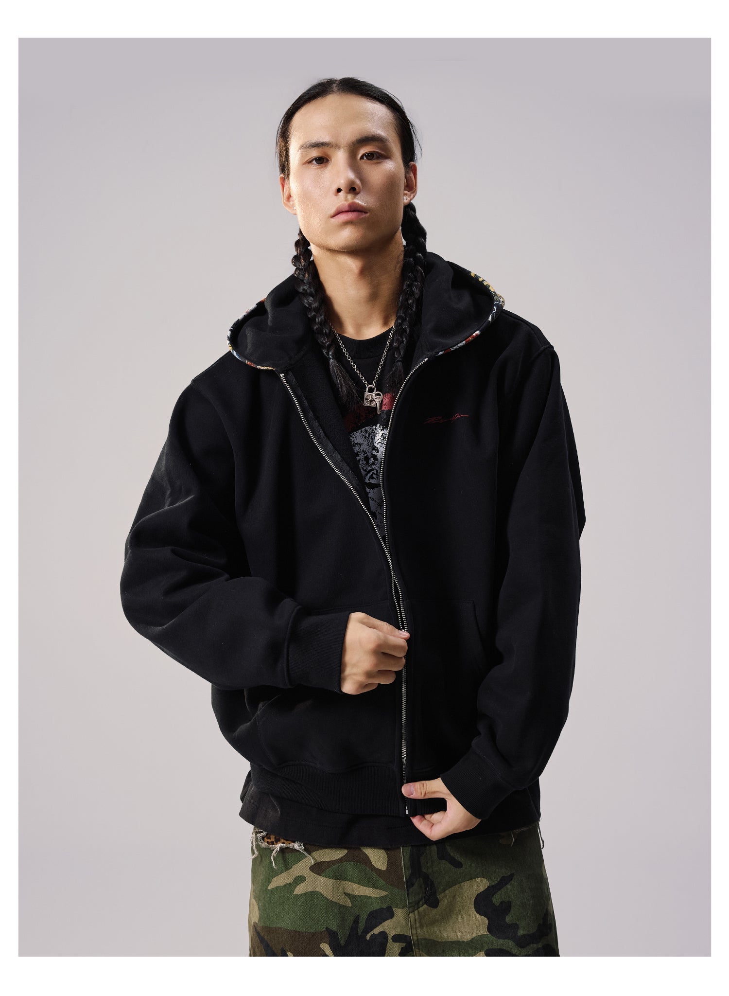 Remedy Badge Print Hood Zip Up Hoodie