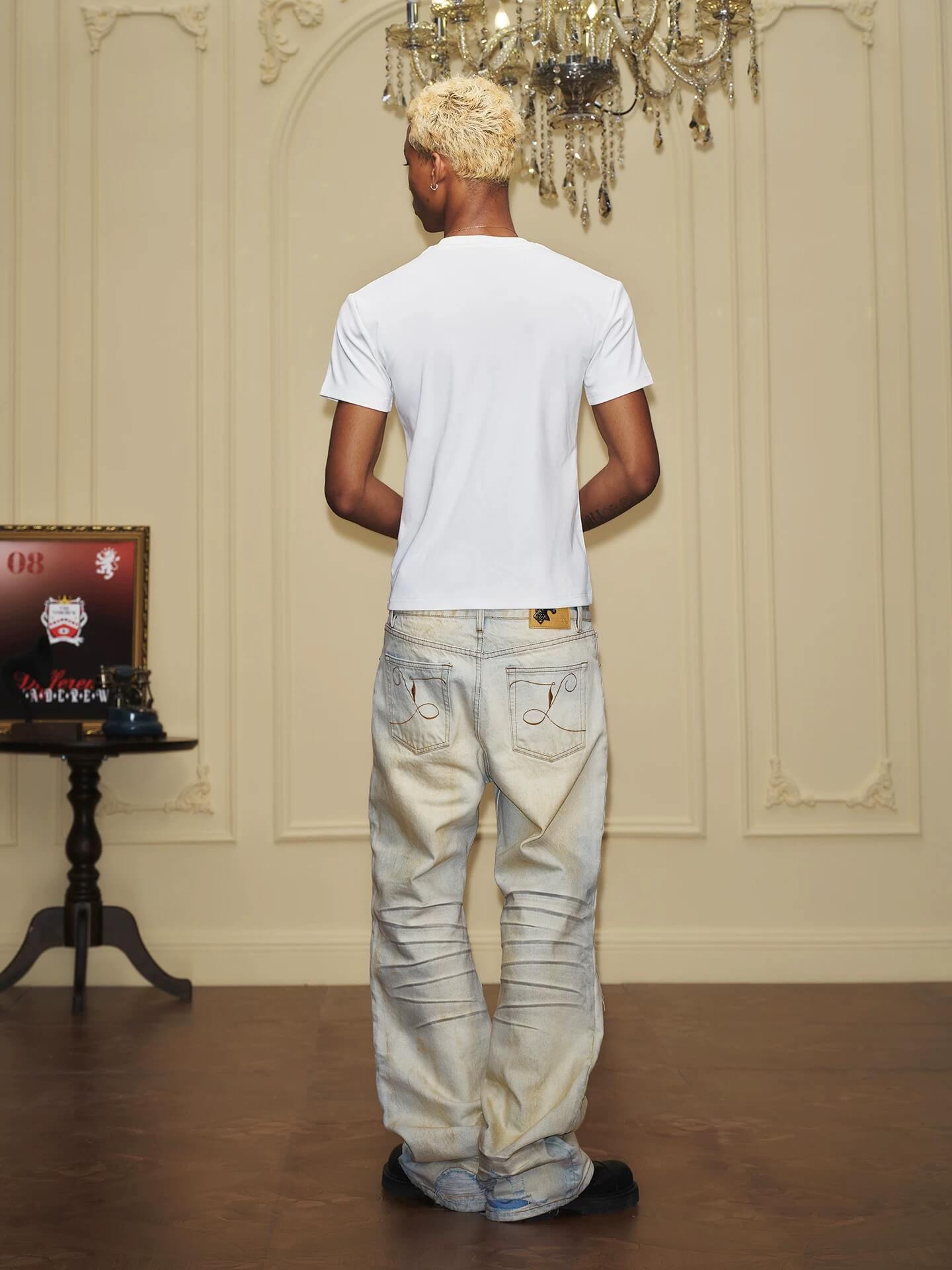 YADcrew Heavy Wash Distressed Cross Motif Button Jeans
