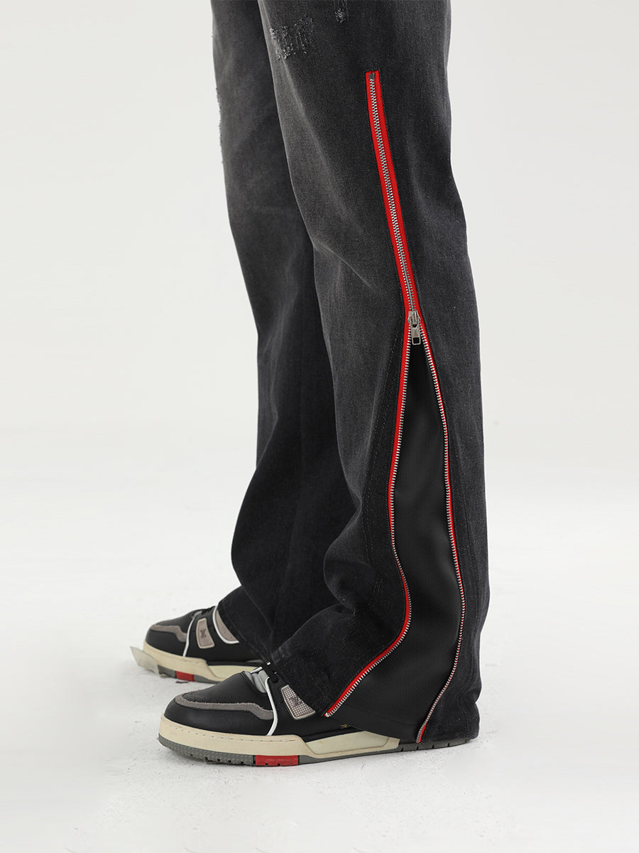 Harsh and Cruel Leather Panel Flared Denim