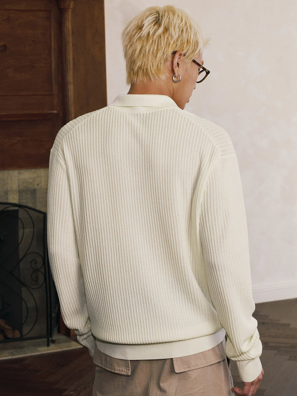 MEDM Rose Embroidered Textured Stripe Knit Long Sleeve Polo