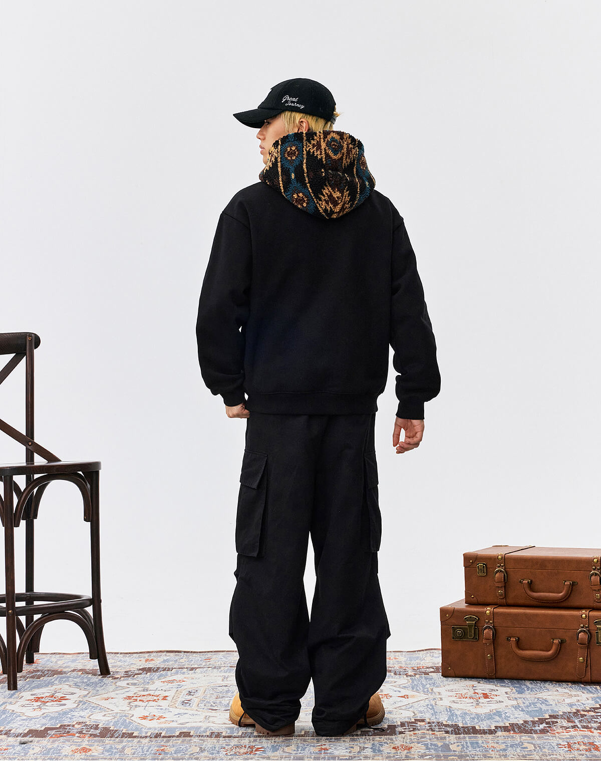 MEDM Patterned Sherpa Hood Patchwork Hoodie