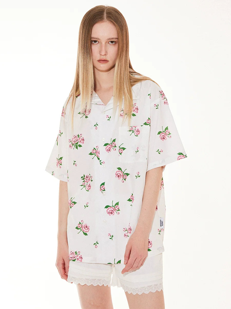 EMPTY REFERENCE Rose Floral Print Short Sleeve Shirt