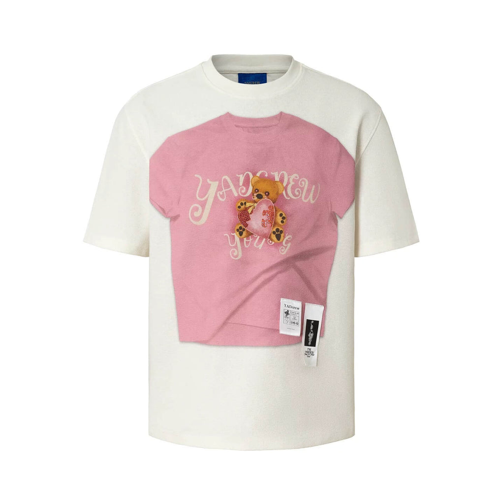 YADcrew Digital Print Cute Bear Rhinestone Tee