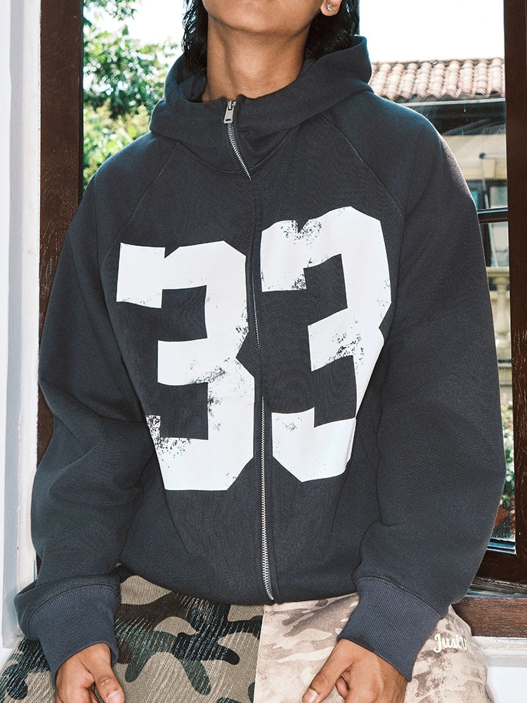 JUST VIBE Number 33 Vintage Print Zip Up Hoodie