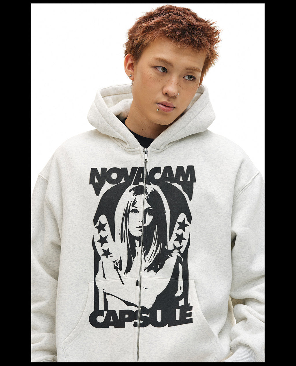 NOVACAM Vintage Print Zip Up Hoodie