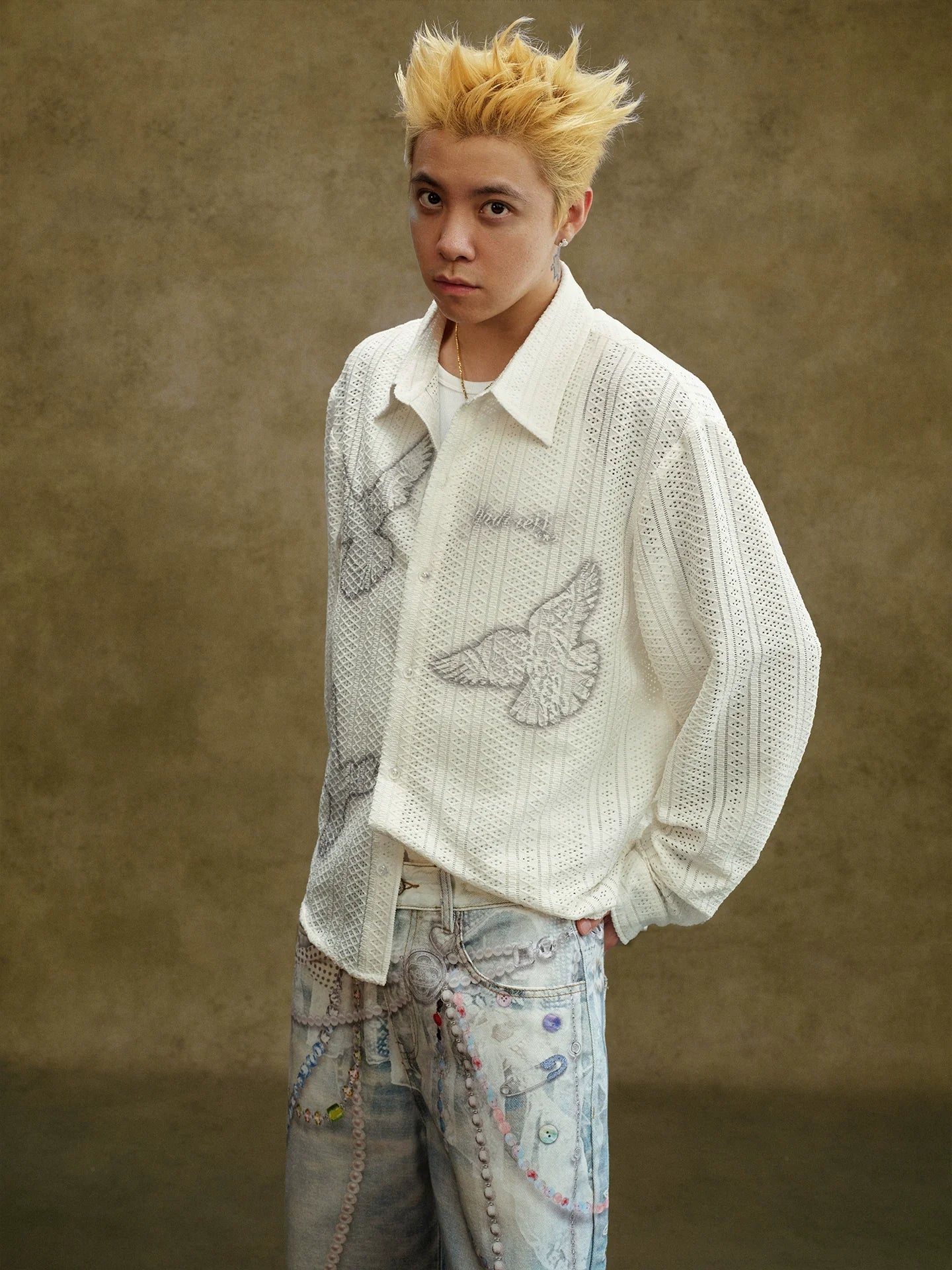 YADcrew Peace Dove Hollow Mesh Long Sleeve Shirt