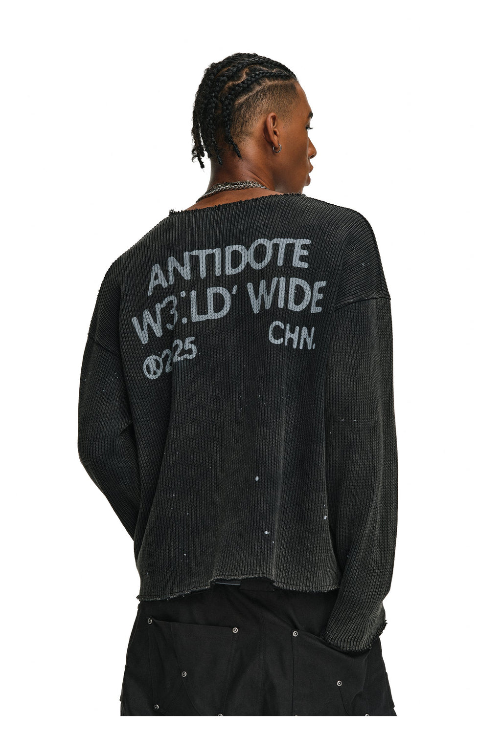 ANTIDOTE Striped Texture Washed Ink Splash Knit Sweater