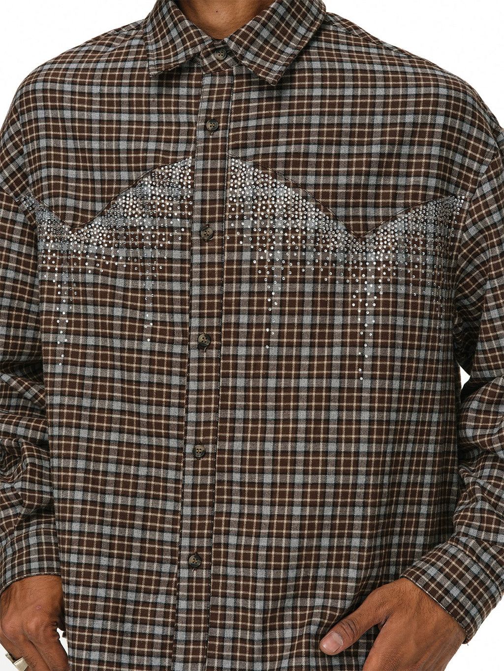ANTIDOTE Rhinestone Flannel Plaid Long Sleeve Shirt
