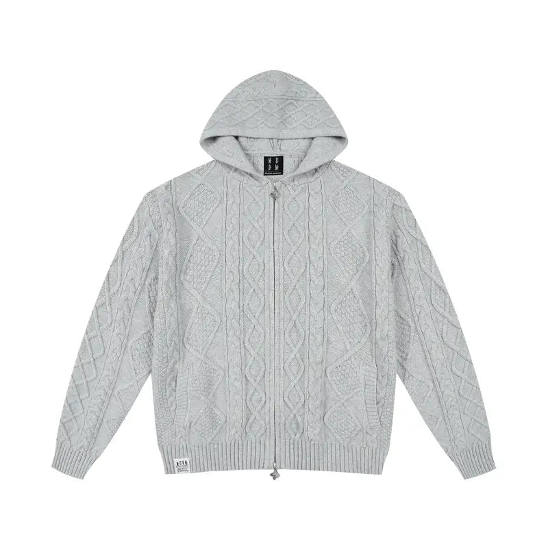 MEDM Hooded Cable Knit Zip Up Cardigan