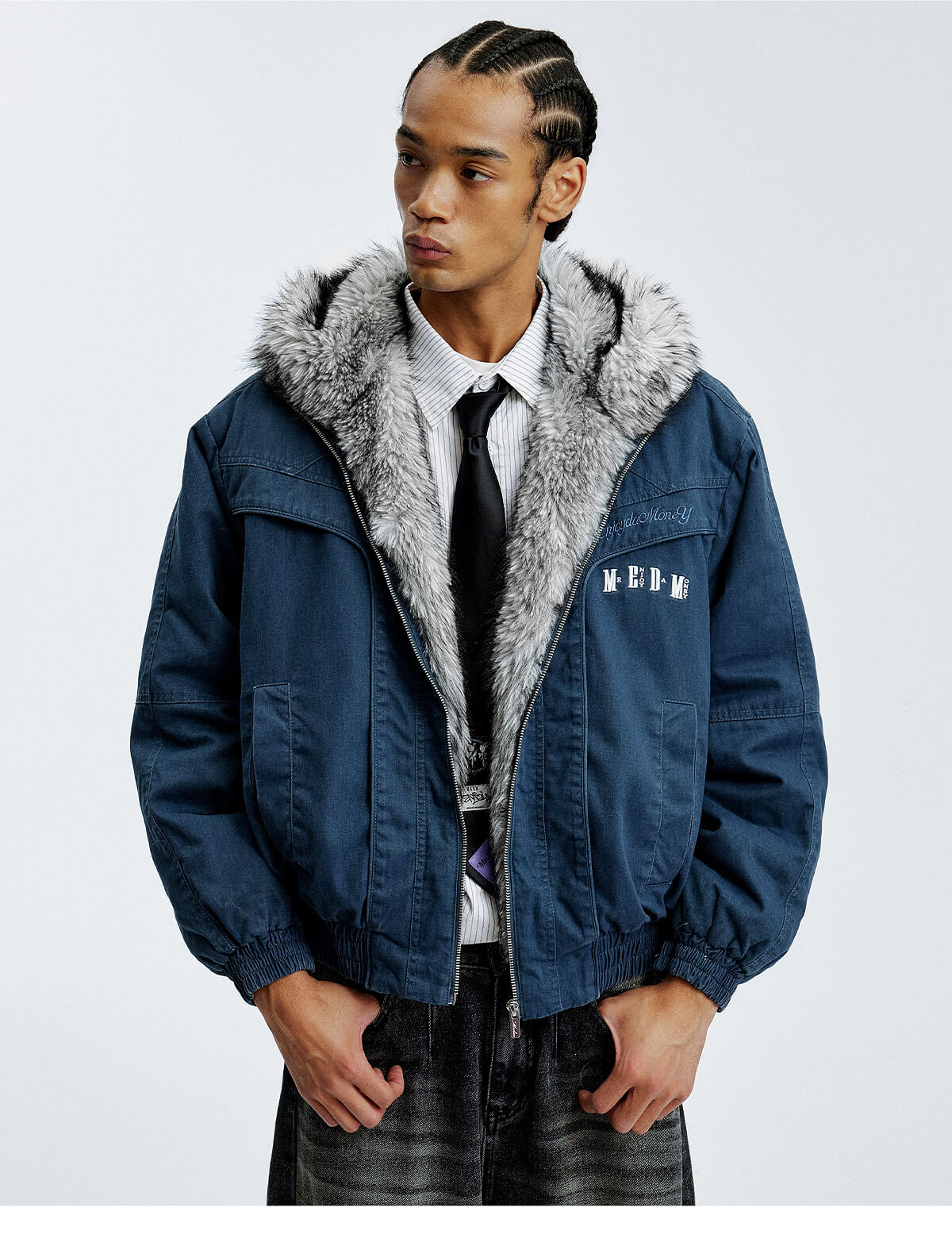 MEDM Fur Lined Washed Work Hooded Jacket