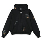 MEDM Cross Star Leather Patchwork Zip Up Hoodie
