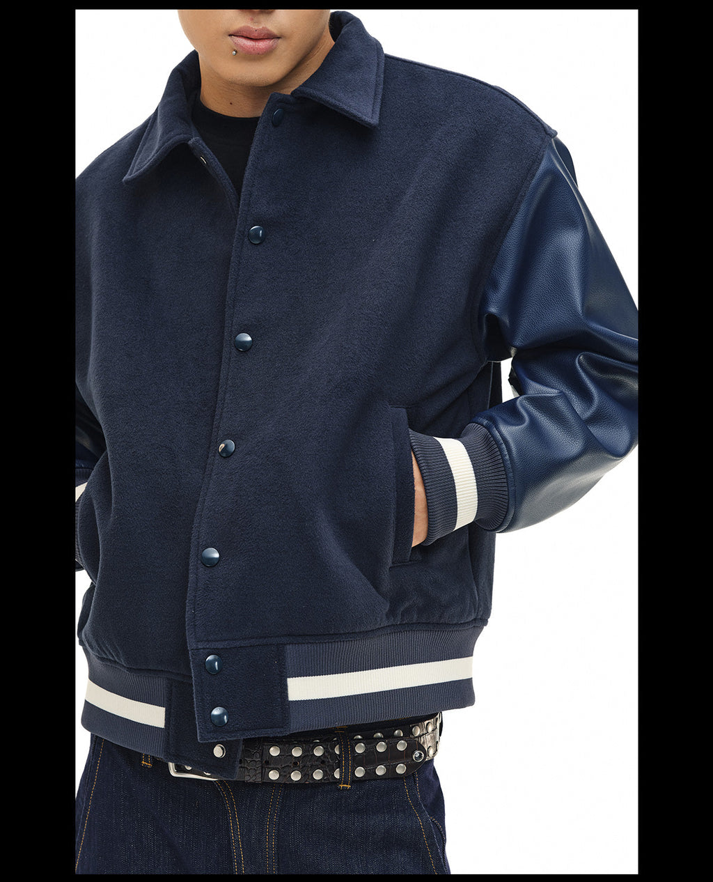 NOVACAM Navy Blue Short Basic Varsity Jacket