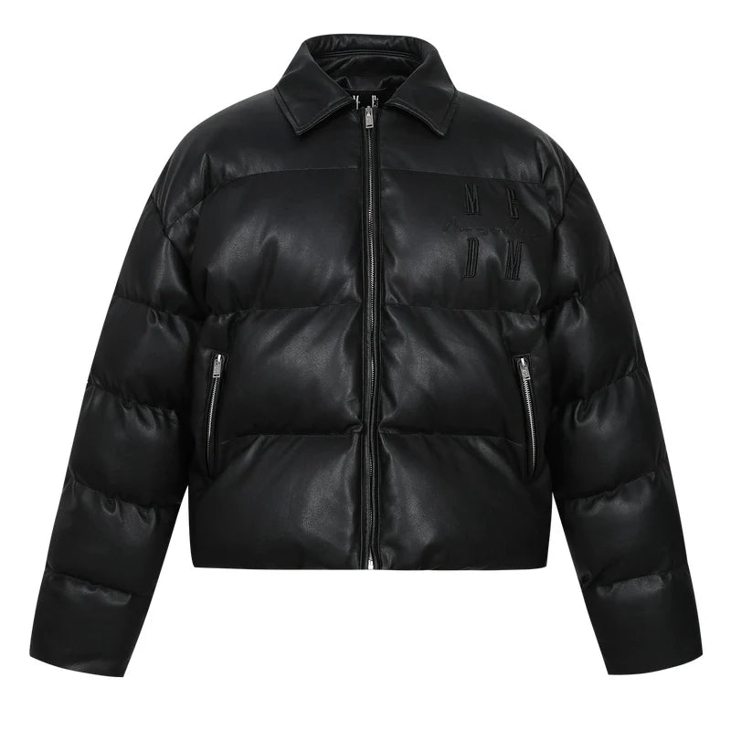 MEDM PU Leather 3D Embroidered Puffer Jacket