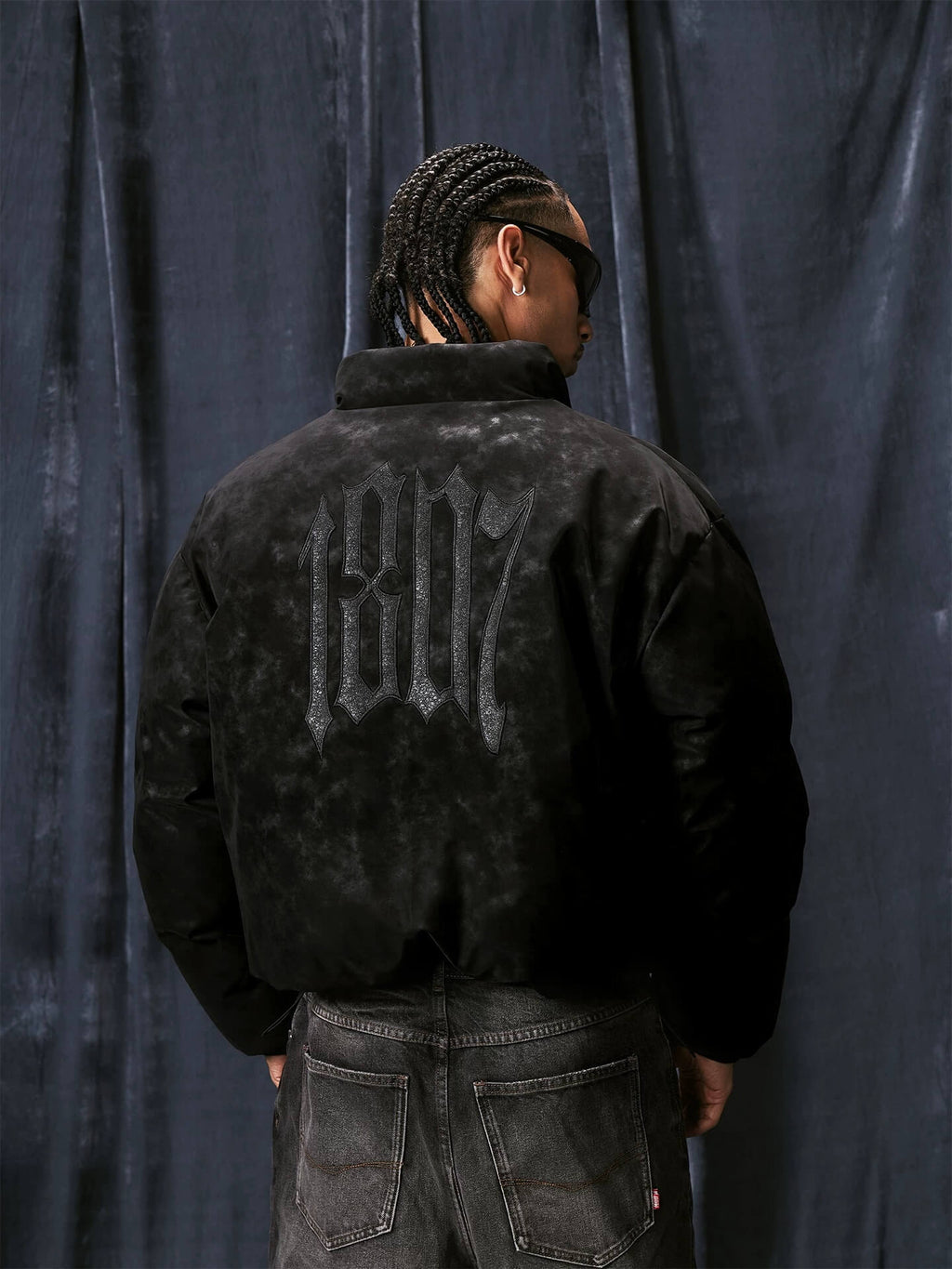 1807 Textured PU Leather Embroidered Down Jacket
