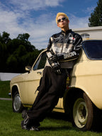 Harsh and Cruel Stand Collar Embroidered Racing Leather Jacket