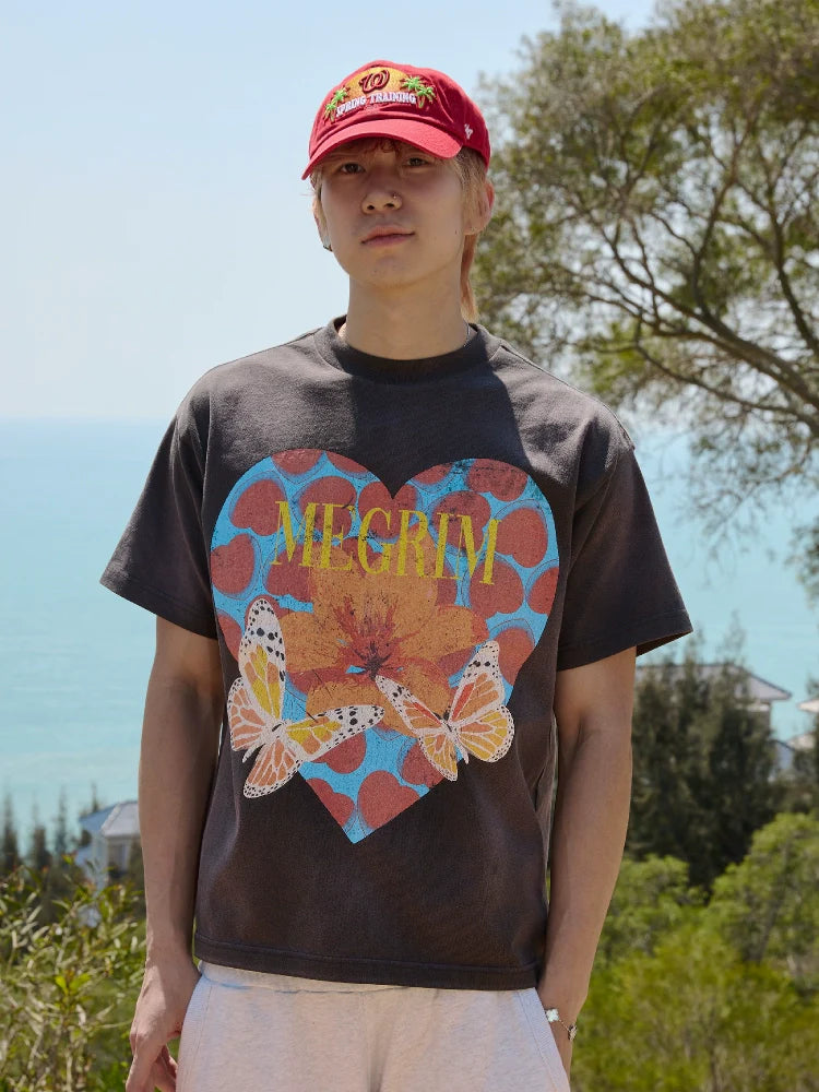 RUSURE Washed Butterfly Heart Print Tee