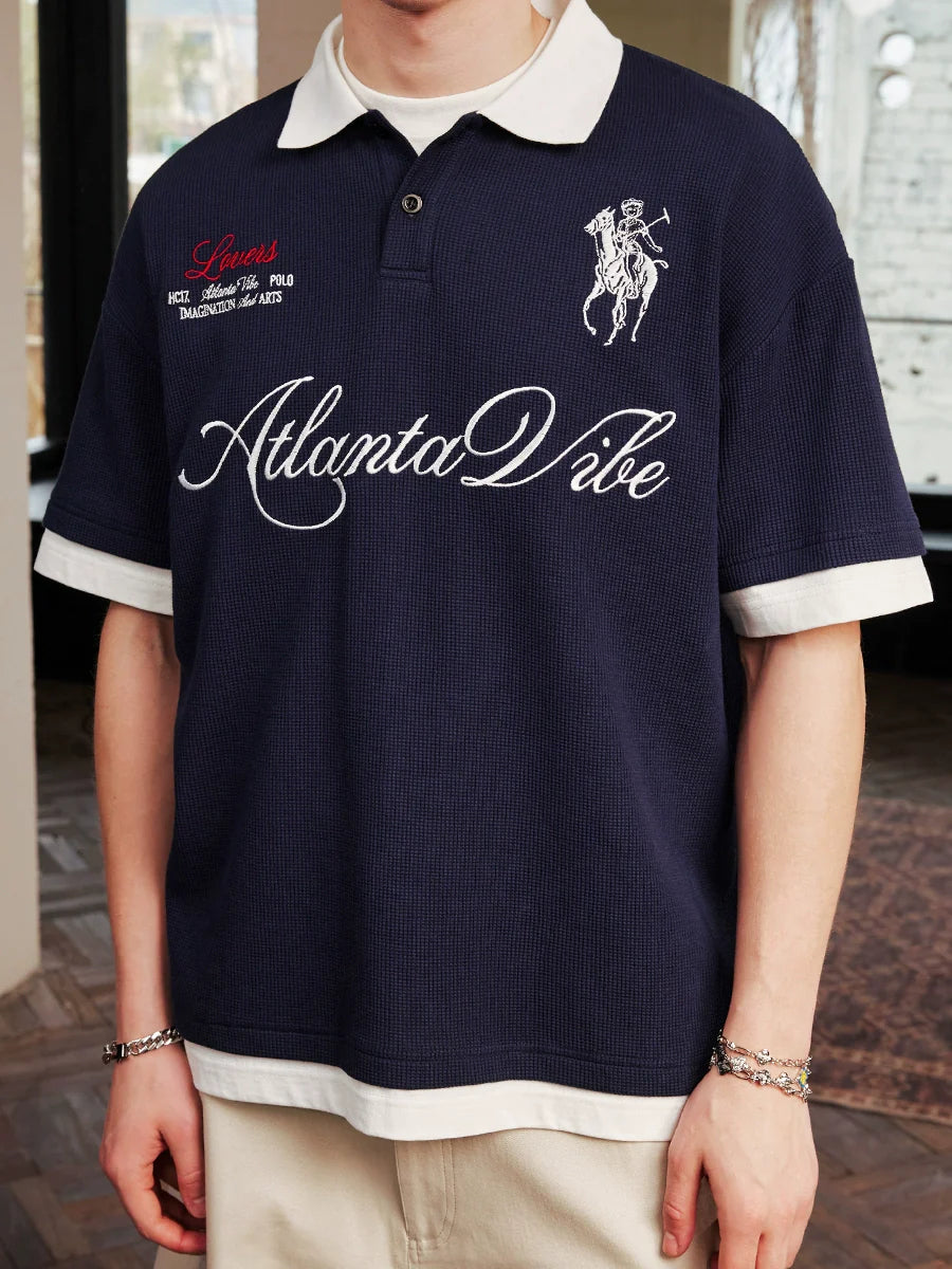 Harsh and Cruel Waffle Knit Embroidered Layered Polo