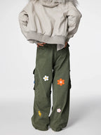 Achock Washed Multi Pocket Flower Embroidery Work Cargo Pants