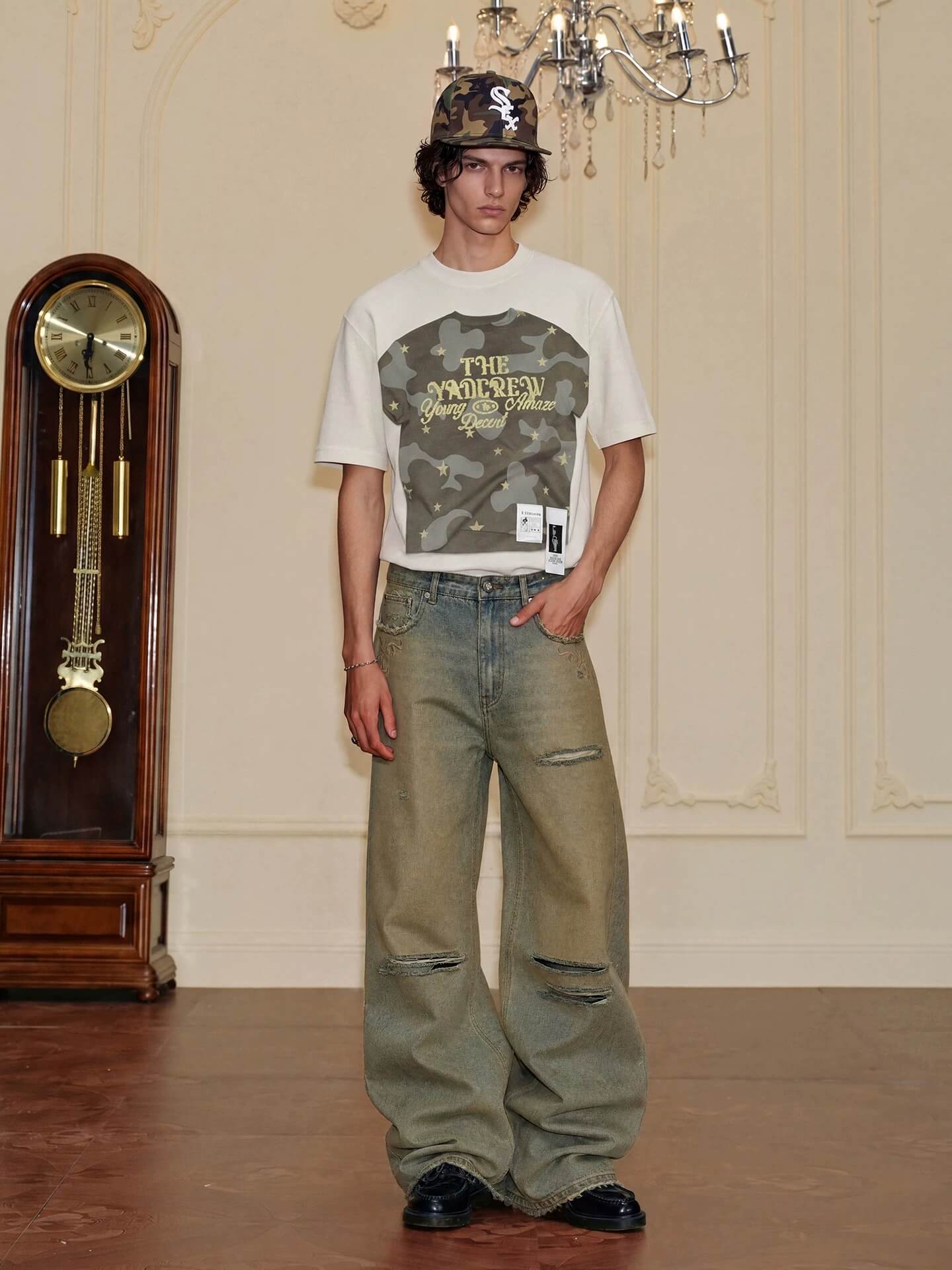 YADcrew Baroque Embroidered Distressed Wash Slight Flare Jeans