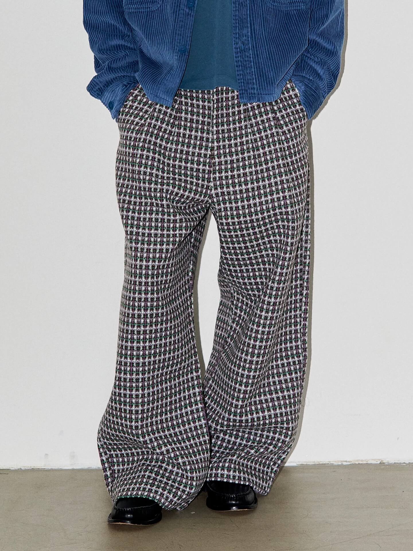 LIBERAFIT Wool Tweed Grid Pattern Pleated Baggy Trousers