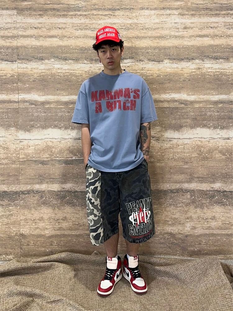 EVETS Washed Faded Camouflage Patchwork Shorts