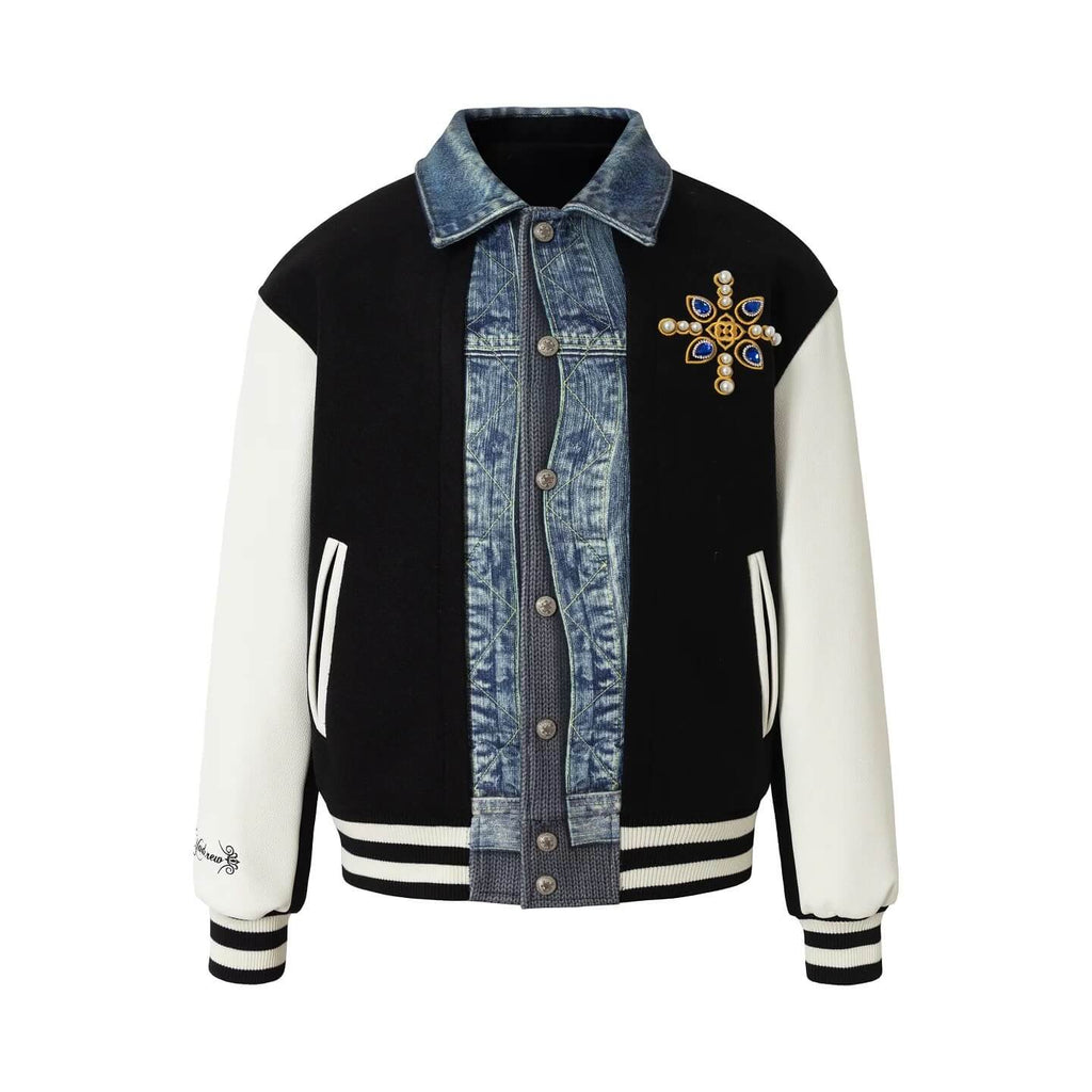 YADcrew Pearl Studded Digital Denim Varsity Jacket