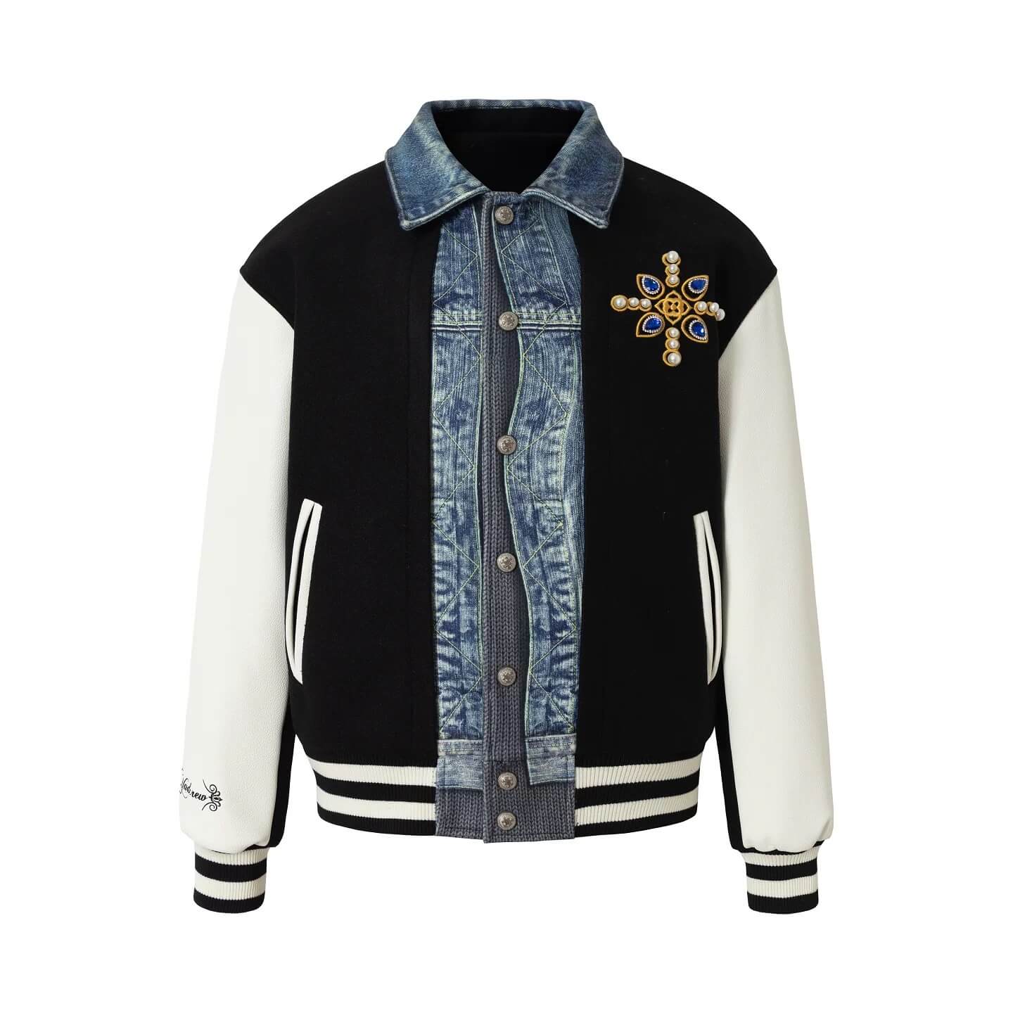 YADcrew Pearl Studded Digital Denim Varsity Jacket