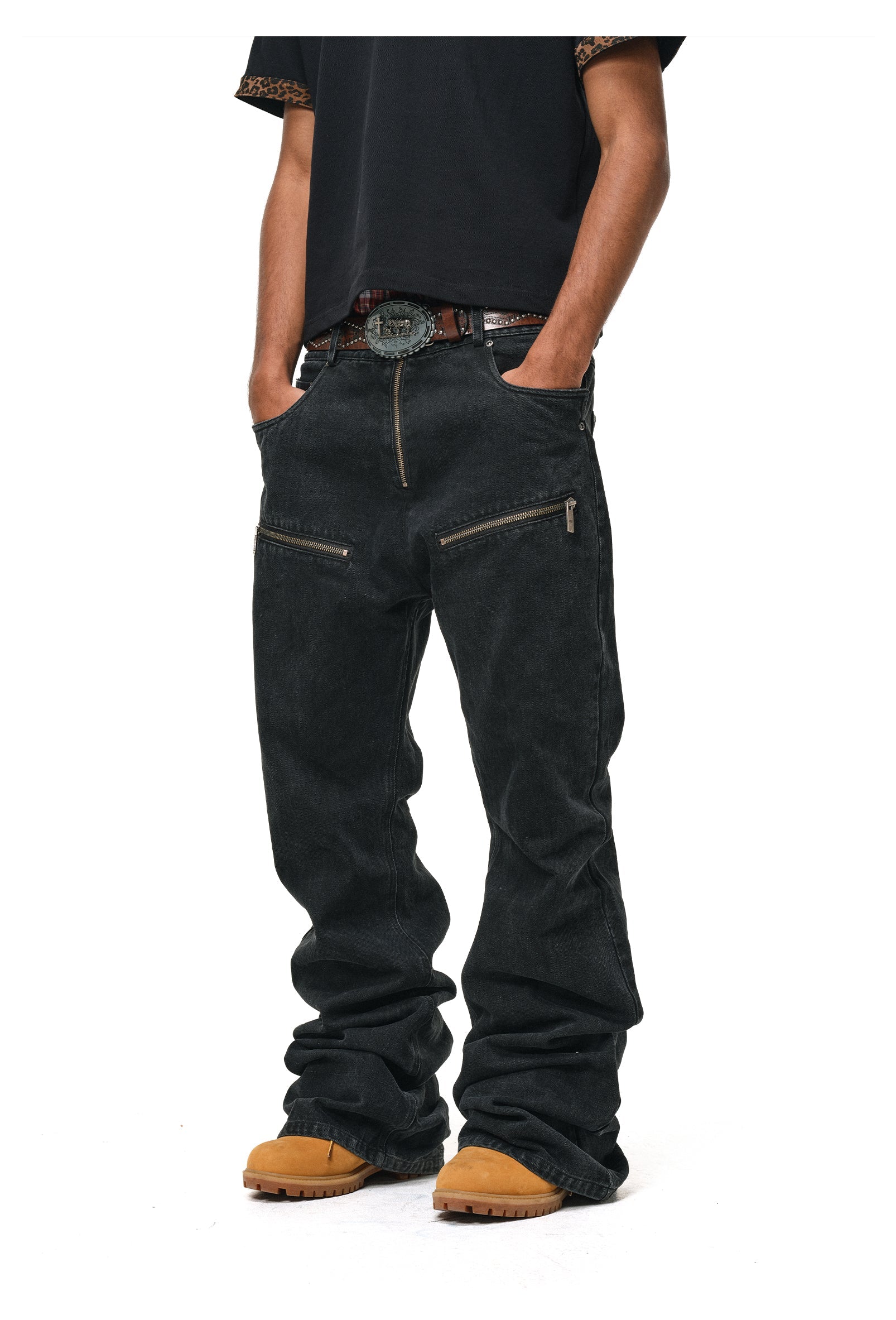 ANTIDOTE Studded Punk Zipper Flared Jeans