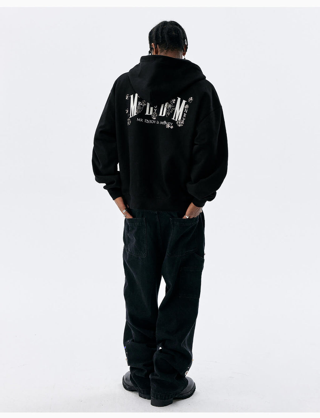 MEDM Beaded Flower Embellished Zip Up Hoodie
