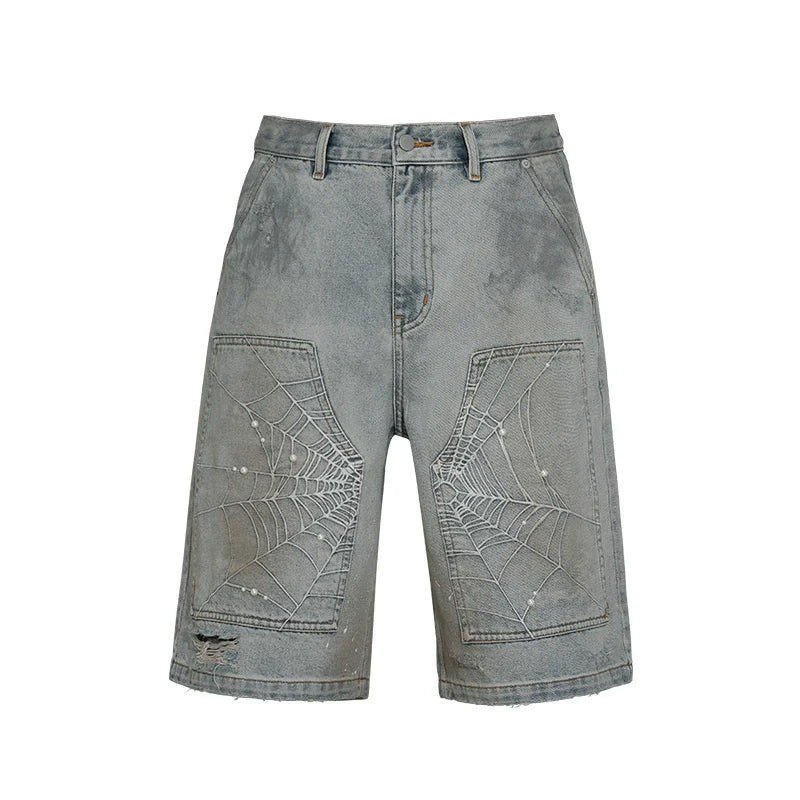 UNTILWERICH Spiderweb Embroidered Washed Distressed Denim Shorts