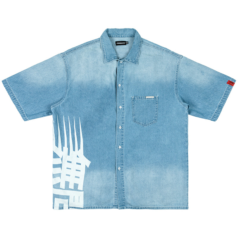 PRBLMS Chinese Big LOGO Denim Short Sleeved Shirt