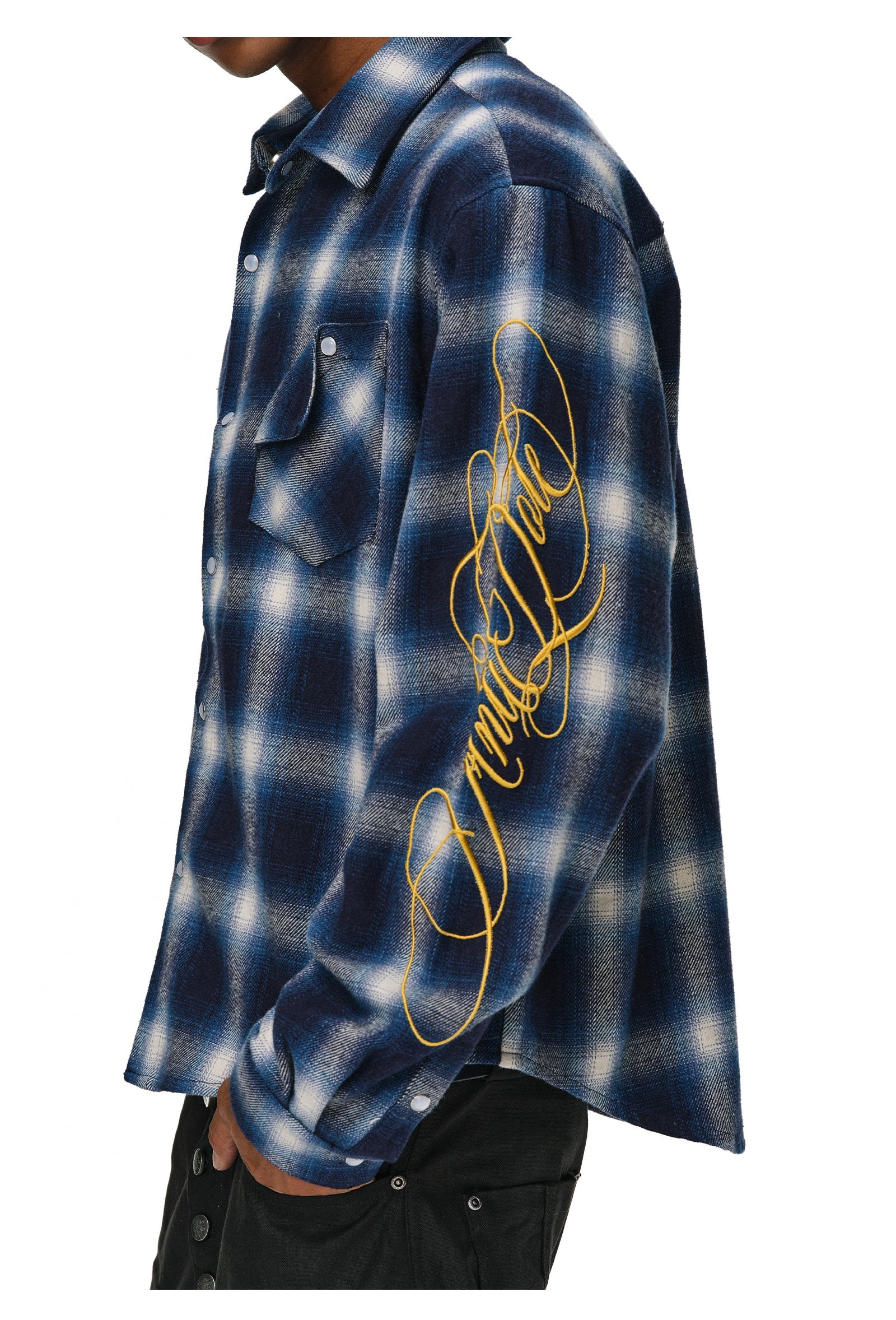 ANTIDOTE Embroidered Flannel Plaid Long Sleeve Shirt