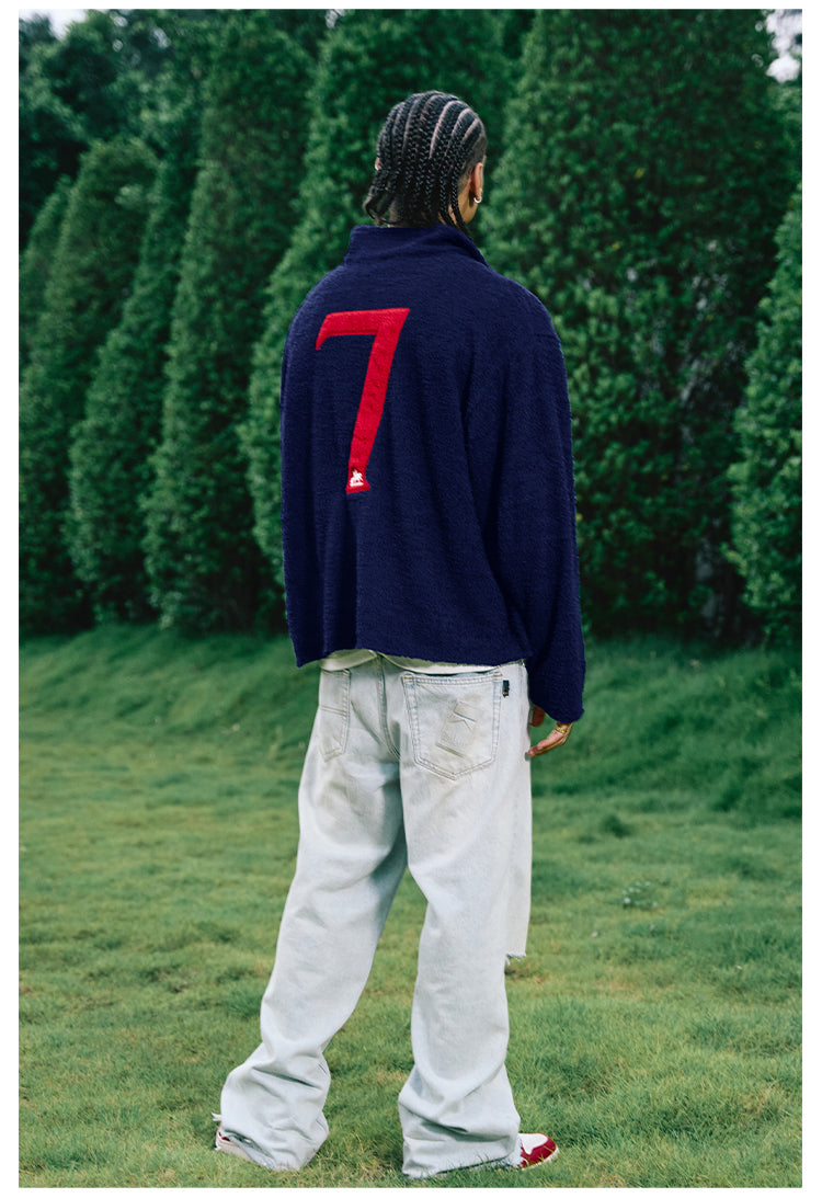 Remedy Number Patch Embroidered Polo Knit Sweater