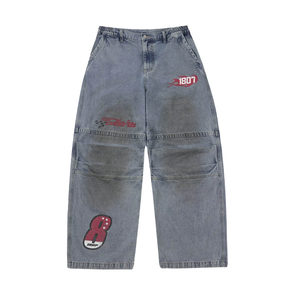 1807 Racing Crackle Print Washed Baggy Jeans
