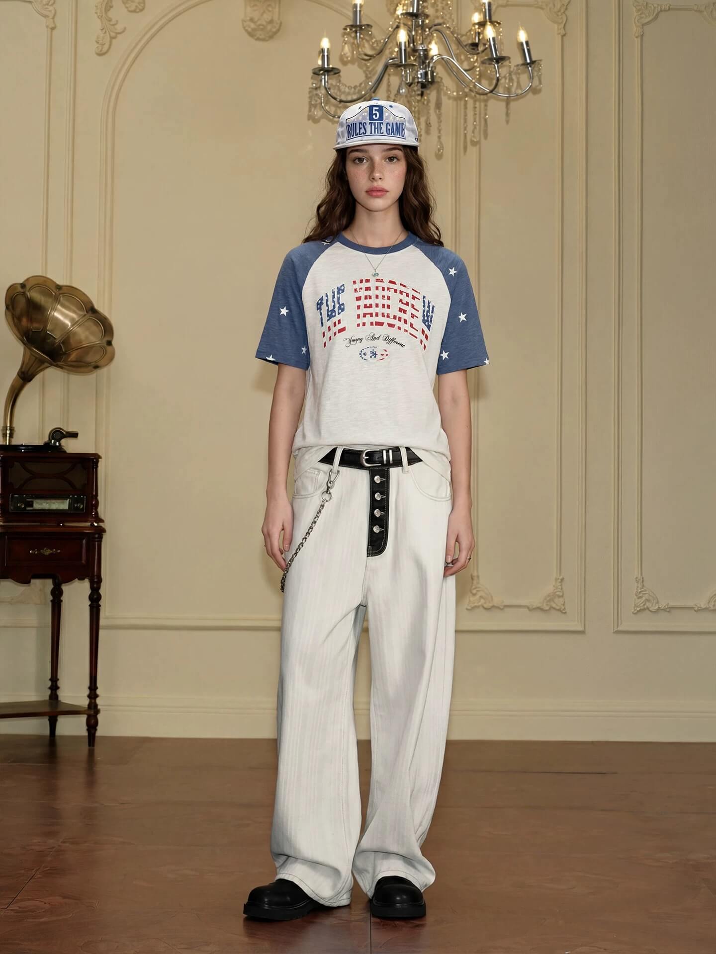 YADcrew American Star Print Raglan Color Block Tee