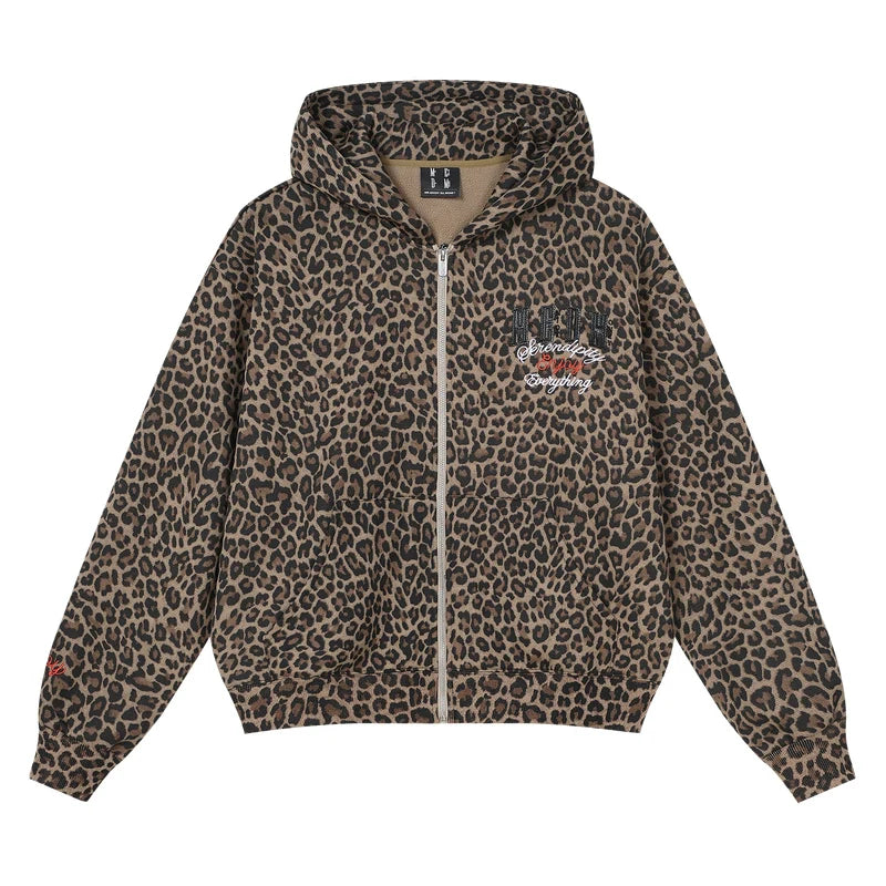 MEDM Embroidered Leopard Zip Up Hooded Jacket