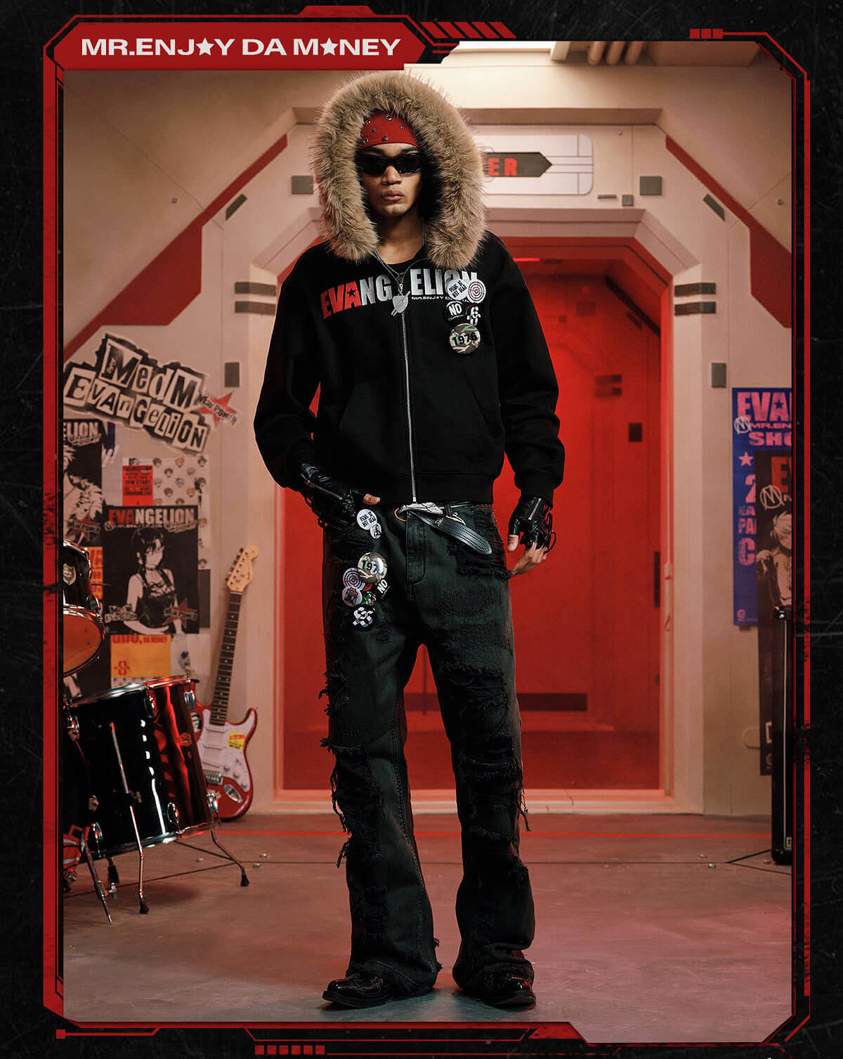 MEDM x EVA NEVER END Character Print Logo Embroidered Fur Hood Zip Up Hoodie