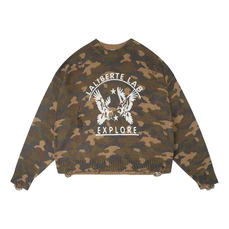 Labt Camouflage Distressed Knit Sweater