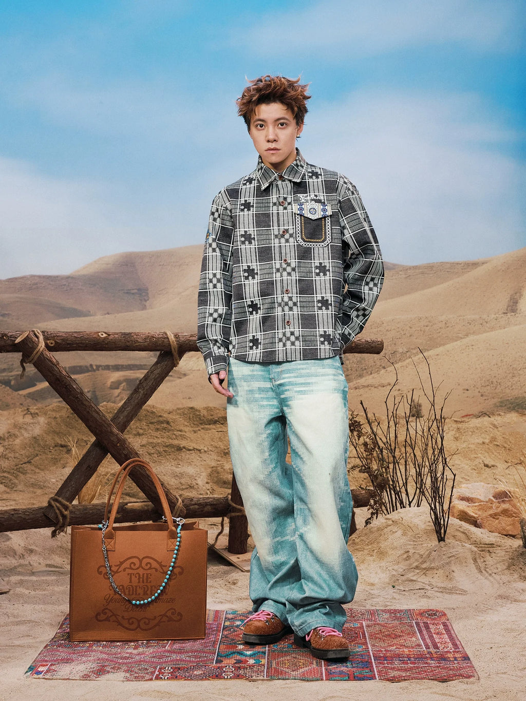YADcrew Ethnic Pattern Plaid Long Sleeve Shirt