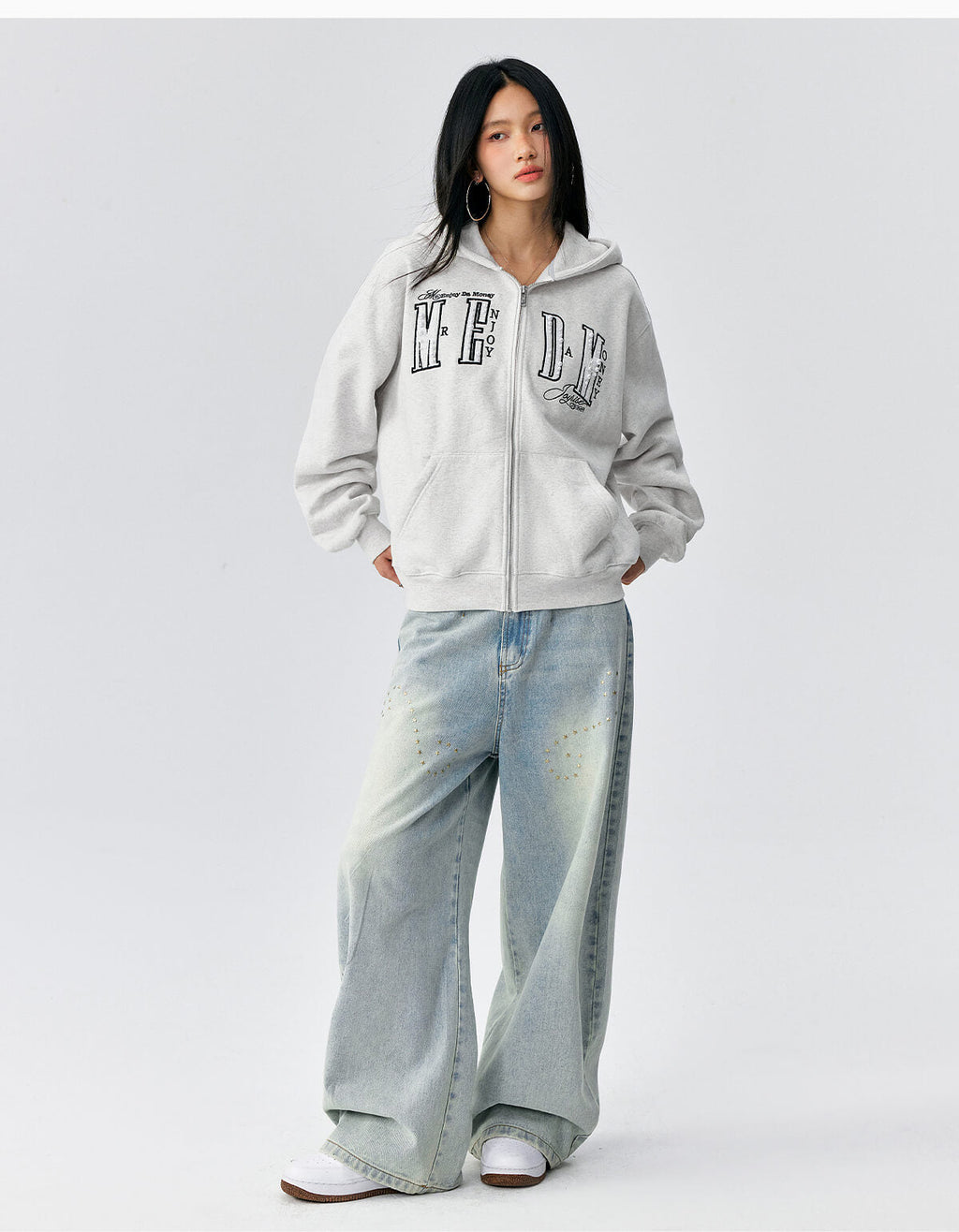 MEDM Pearl Logo Embellished Zip Up Hoodie